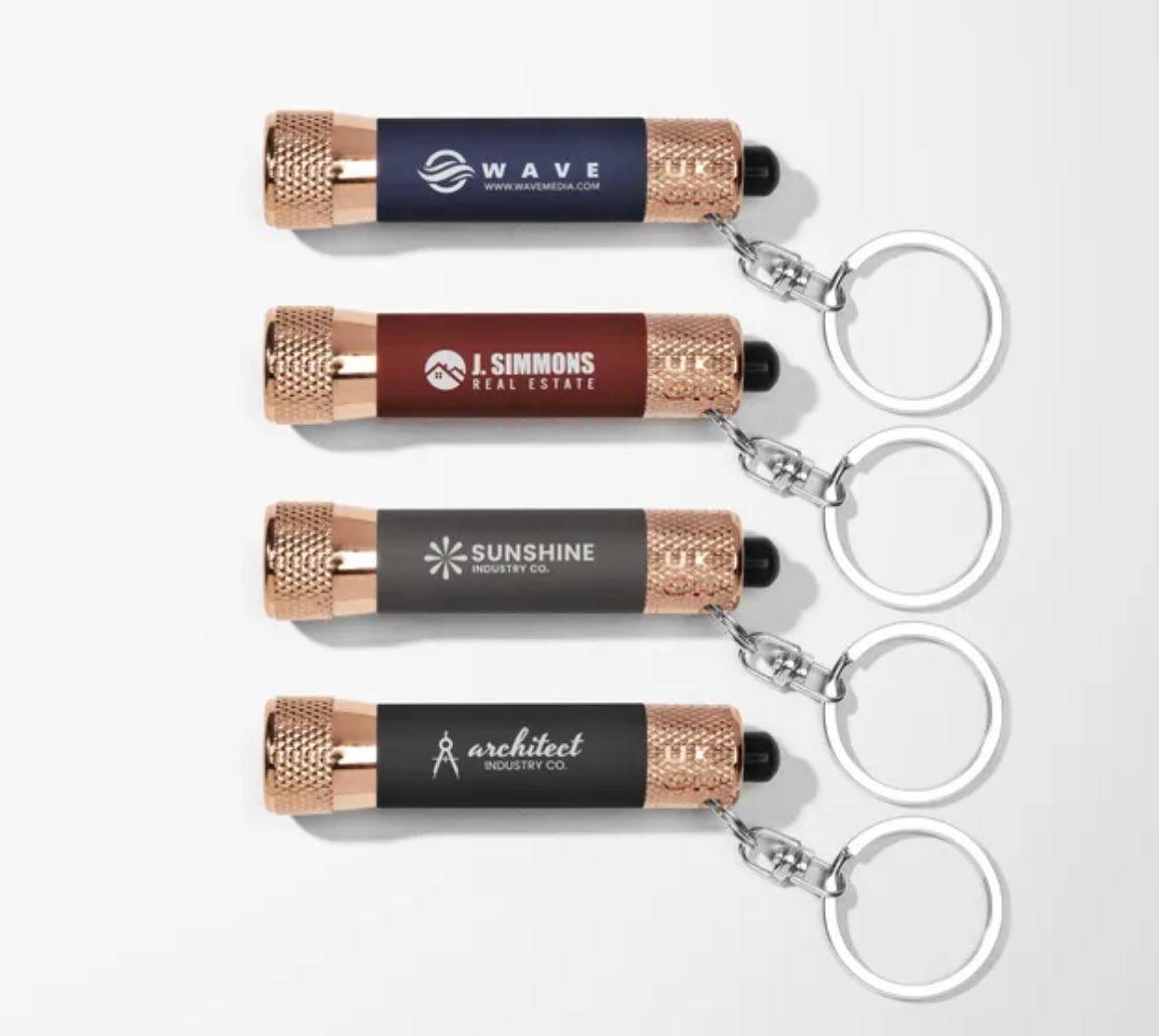 a pack of keyring torches on a white surface