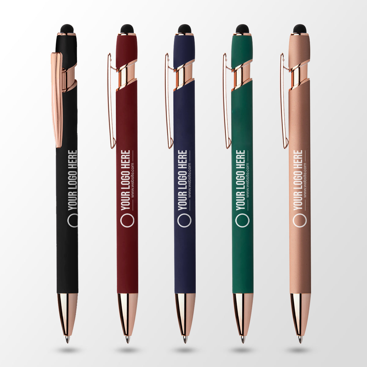 five pens standing with a white background