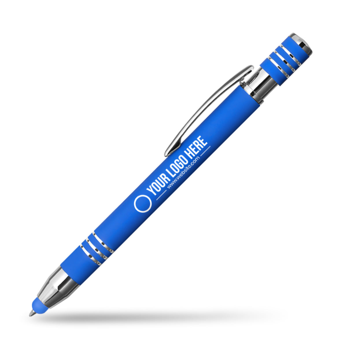blue pen with logo