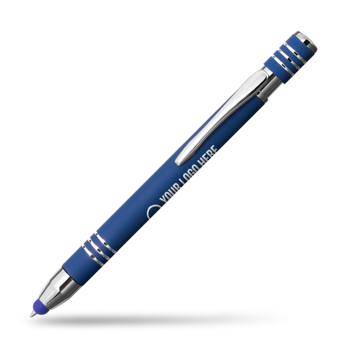 Pen with blue body, black cap, white logo
