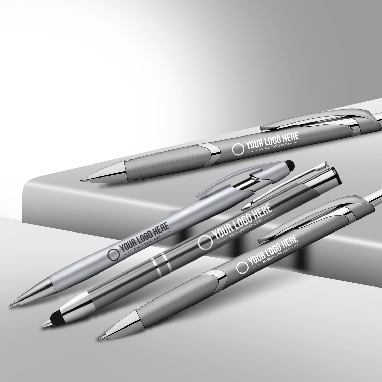 grey colored pens with laser engraved logo