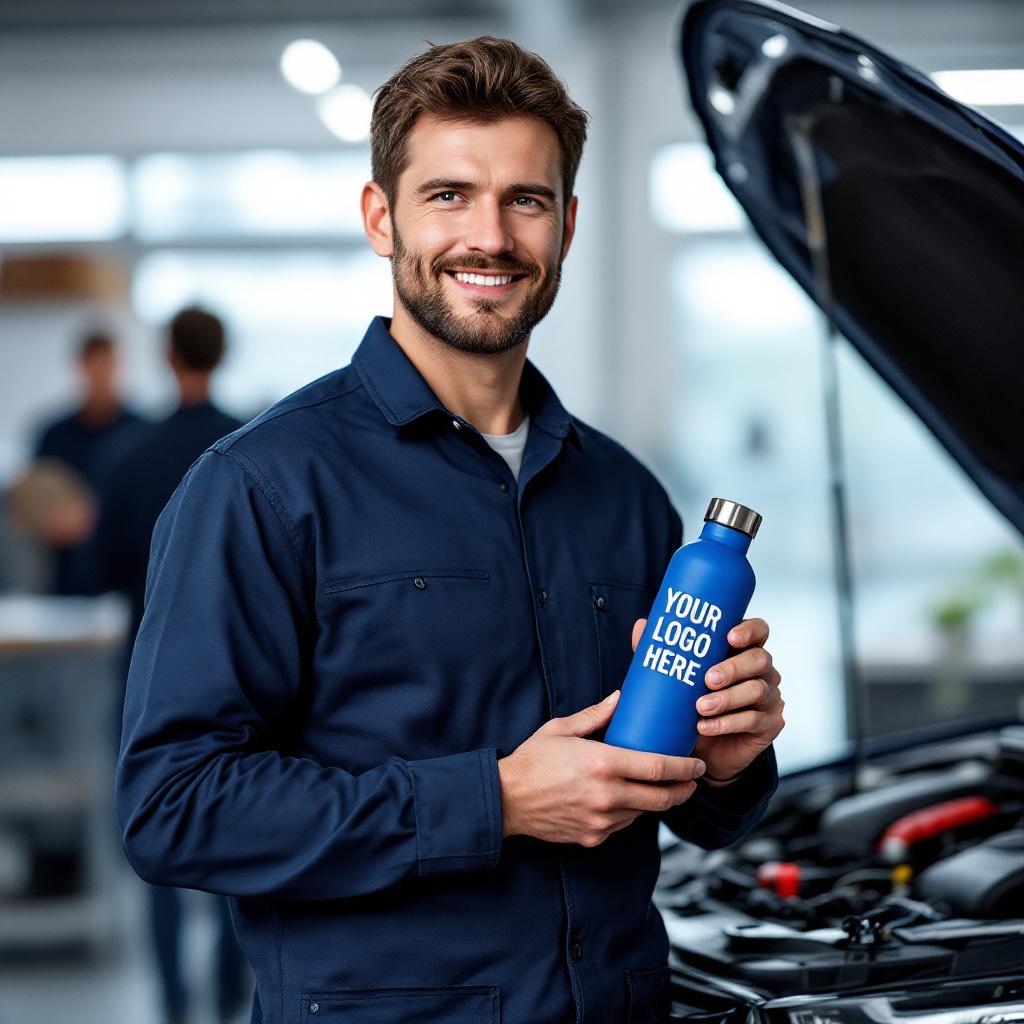 a man in a garage holding a blue metal bottle