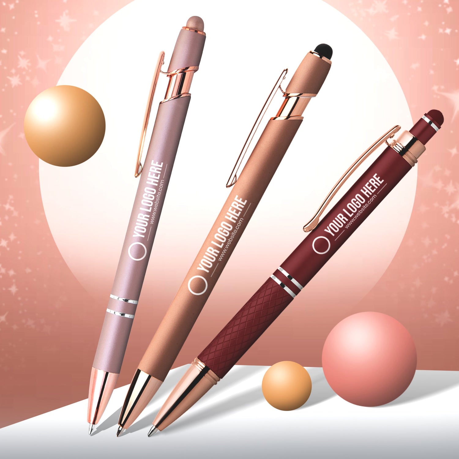 three pens with logo standing vertically