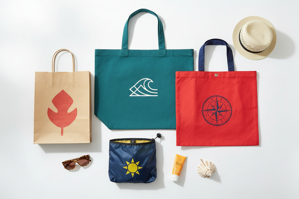 Spiaggia e borse della spesa