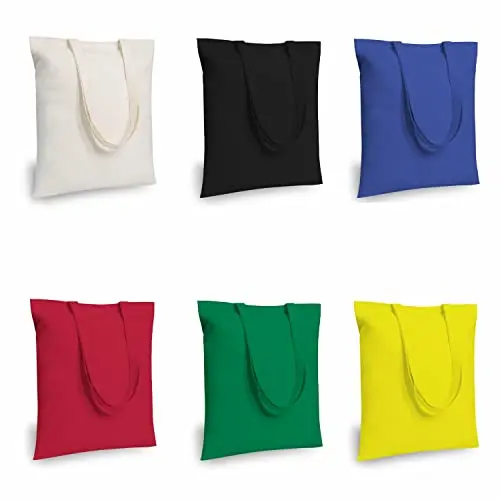Six coloured cotton tote bags