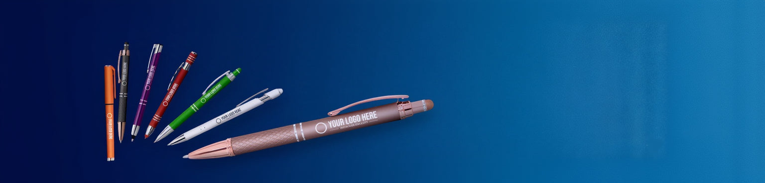 Set of branded pens on a blue background