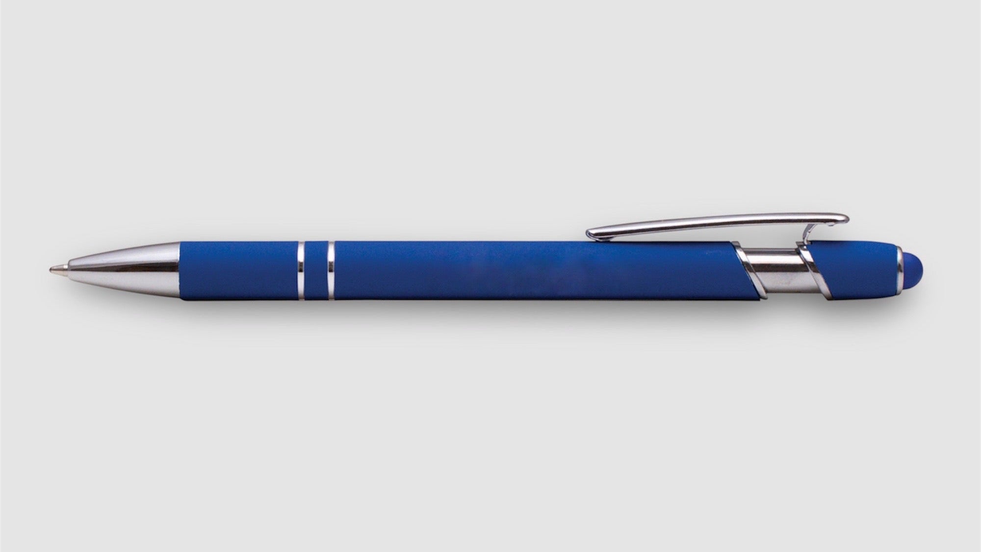 Blue pen with silver accents on a white background