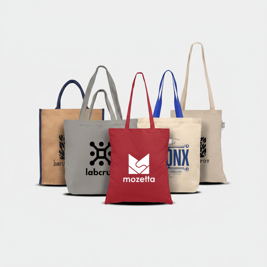 Collection of various tote bags with different brands on a white background
