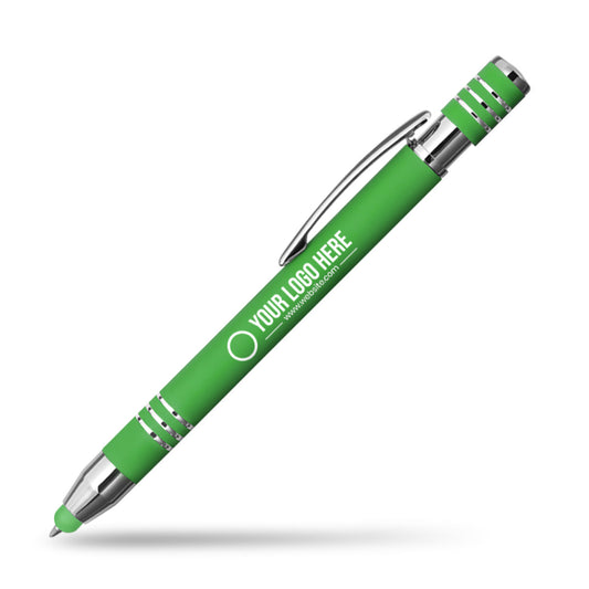 Pen with green body, black cap, white logo