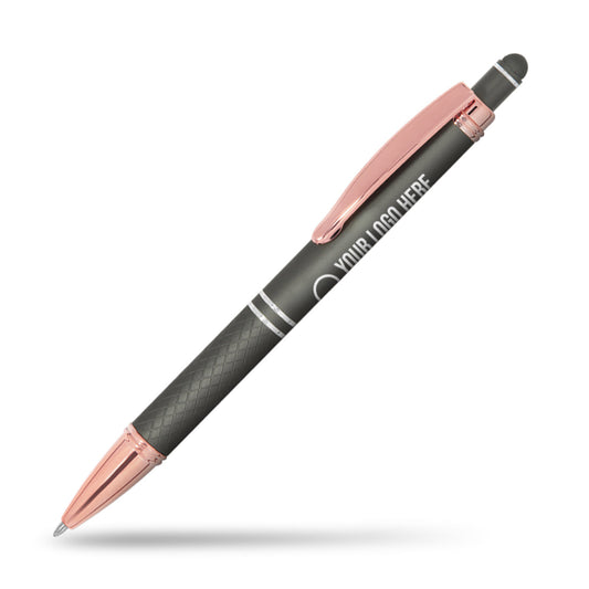 gunmetal colour pen with rose gold trim and white background