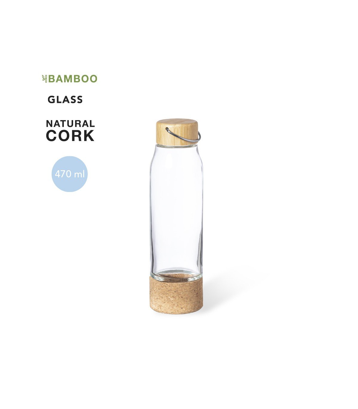 Personalised Aderox bottle 470ml : Eco-friendly bottle made of glass, bamboo and cork