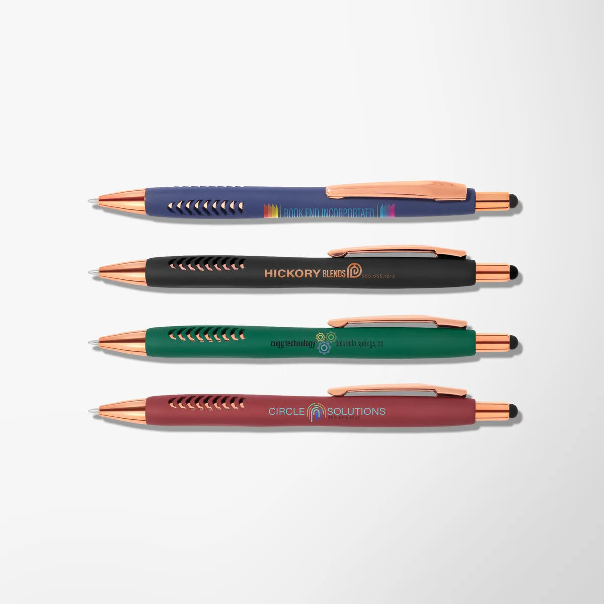 Full Color Soft Touch Basilia Stylus Pen with Rose Gold Trim