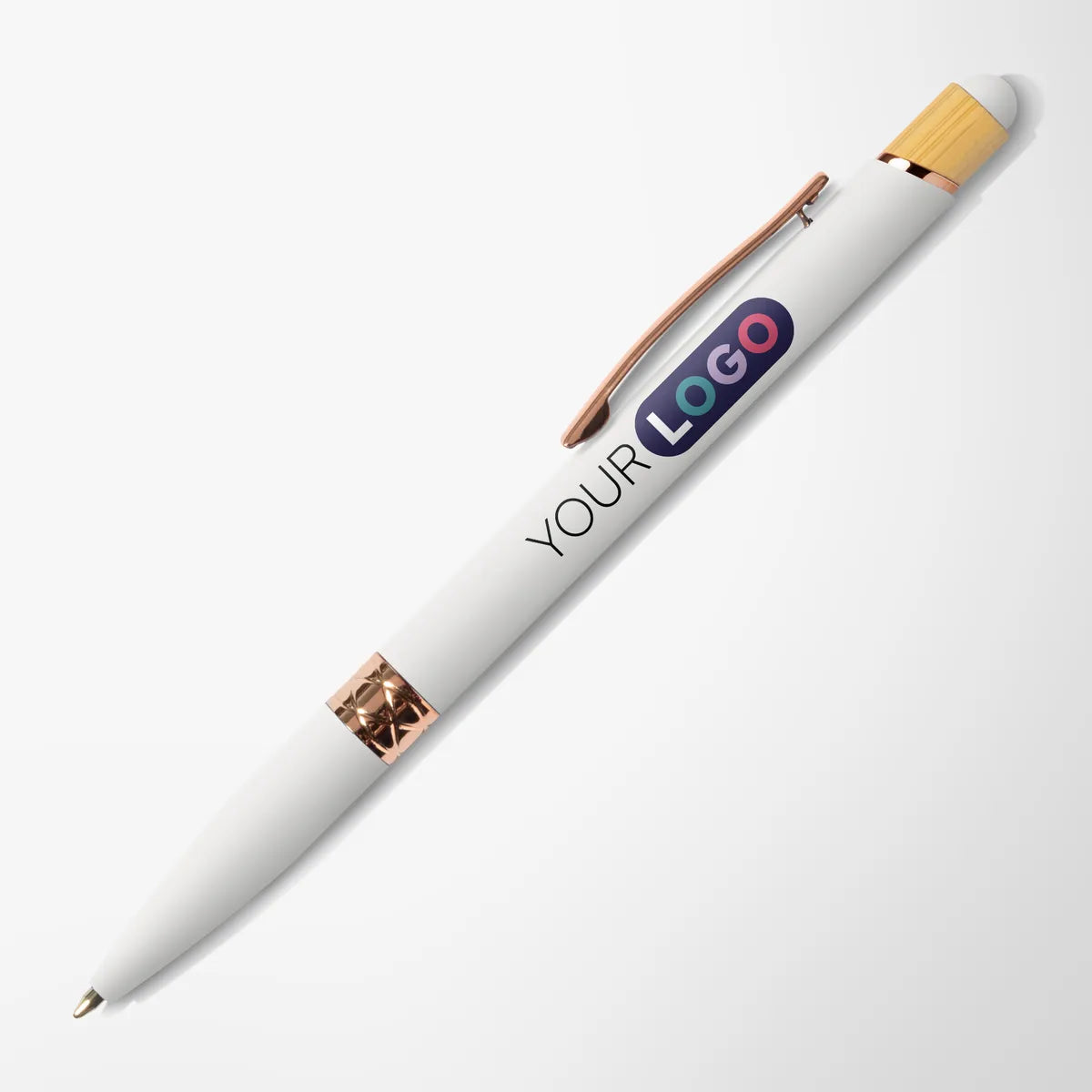 Full Color Recycled Soft Touch Portia Pen with Rose Gold Trim