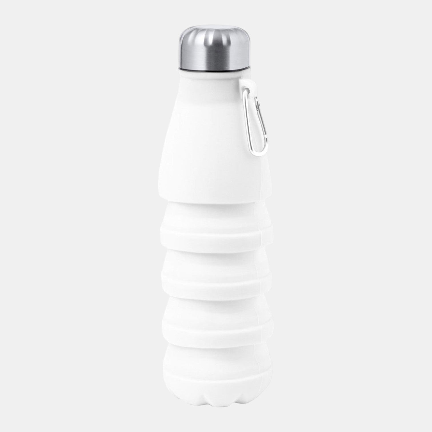 PersoSport white silicone collapsible water bottle with stainless steel lid and carabiner clip. 550 ml.