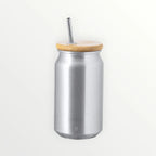 Persopens silver metal soda can tumbler with a bamboo lid and stainless steel straw on a white background.